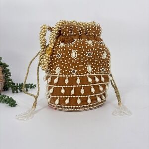 Brown Beaded Pearl Embellished Drawstring Bucket Bag‎ Evening Purse